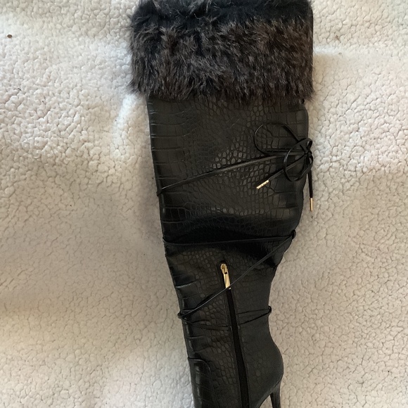 Shoedazzle Sheryl Faux Fur Stiletto Knee-High Heeled Boot - Picture 10 of 13